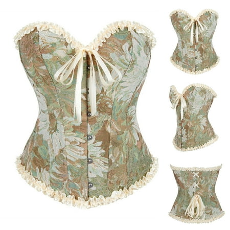 Jinhomg Womens Corset Tube Top Lace Trim Fishbone Bustier Vintage Floral Embroidery Overbust Corsets Lace Up Back Bustiers Shaperwear Top Today s Deals of The Day Green XL
