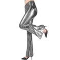 thumbnail image 7 of Scyoekwg Women's Leggings Solid Color Comfy Loose Casual Ladies Sweatpants High Waist Shiny Leather Flared Pants Trousers Silver,S, 7 of 7