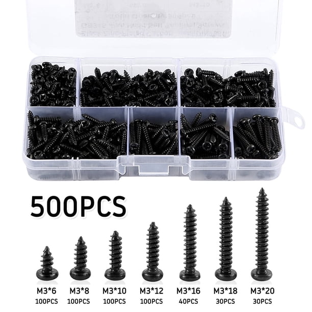 Rzvnmko 500 Pzas M3 Tornillos Autorroscantes Negros, Tornillos Autorroscantes de Cabeza Redonda para Madera Suave y Metal, con Caja de Plástico