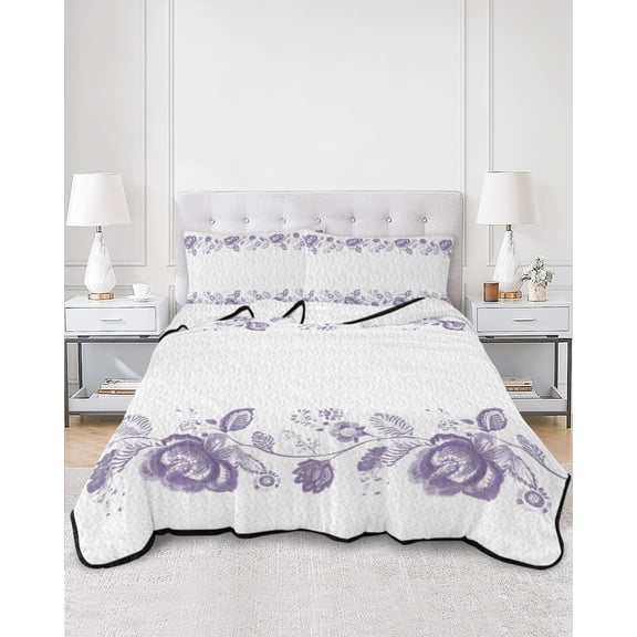 Quilts Twin XL Size, Purple Roses Soft Comforter Bedding Set for Bed, Vintage Romantic Floral Leaf Pastoral Botanical Lightweight Quilted Bedspread with Pillow Cover(2 Pieces), 68x98 Inch
