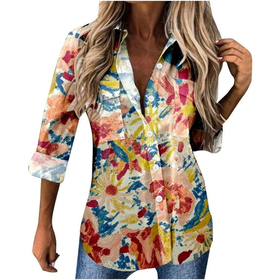 USSUMA Summer Tops for Women Trendy,Women's Floral Printing Long Sleeve Shirts Blouses Lapel Collar Button Down Tops Tee Casual V Neck T-Shirts