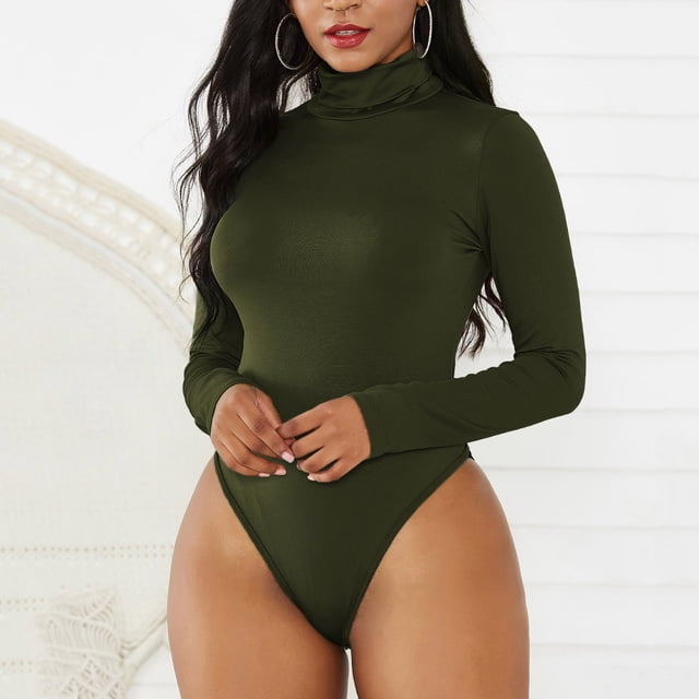 Juebong Women Combinaison à Col Roulé Manches Longues Justaucorps Haut Blouse Combinaison, Vert Armée, G