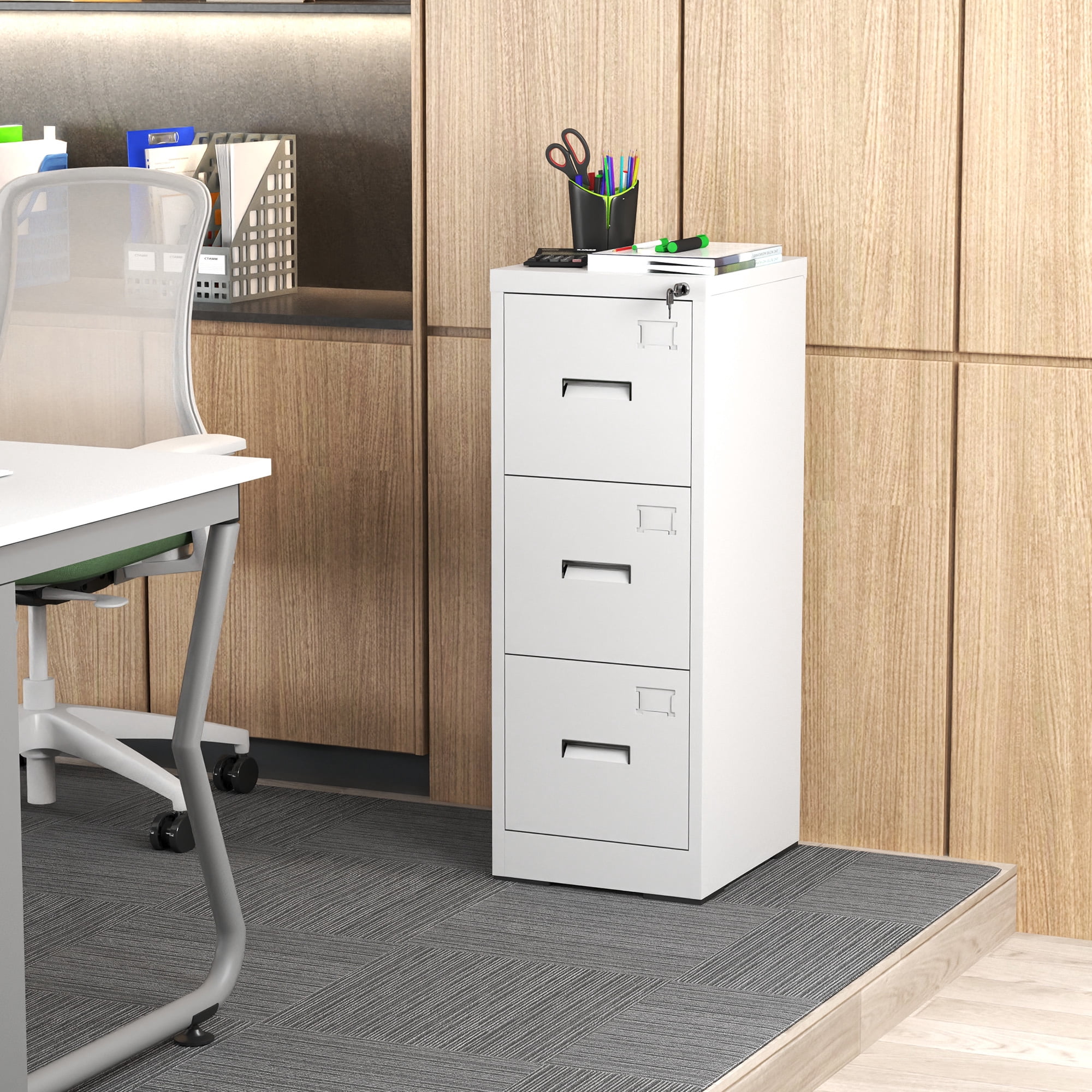 File Cabinet, 3 Drawer Filing Cabinet with Lock, Locking Vertical File Cabinet for Home Office, White Metal File Cabinet for Hanging Letter/Legal Folders, Easy Assemble
