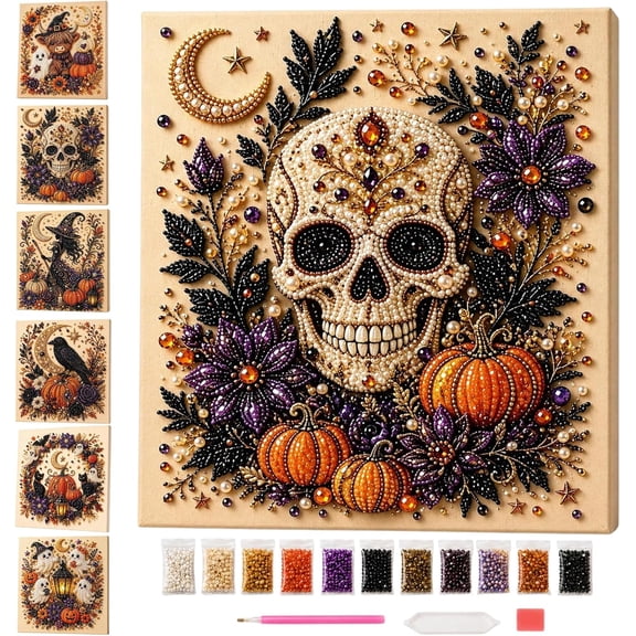 HUJTYs Halloween Ghost Pearl Diamond Art DIY Kit, 3D Diamond Painting Crafts Kit for Adults, Spooky Cute Ghost Pumpkin Canvas Art, DIY Fall Home Halloween Decor Wall Art, Beginner DIY Gift (Skull)