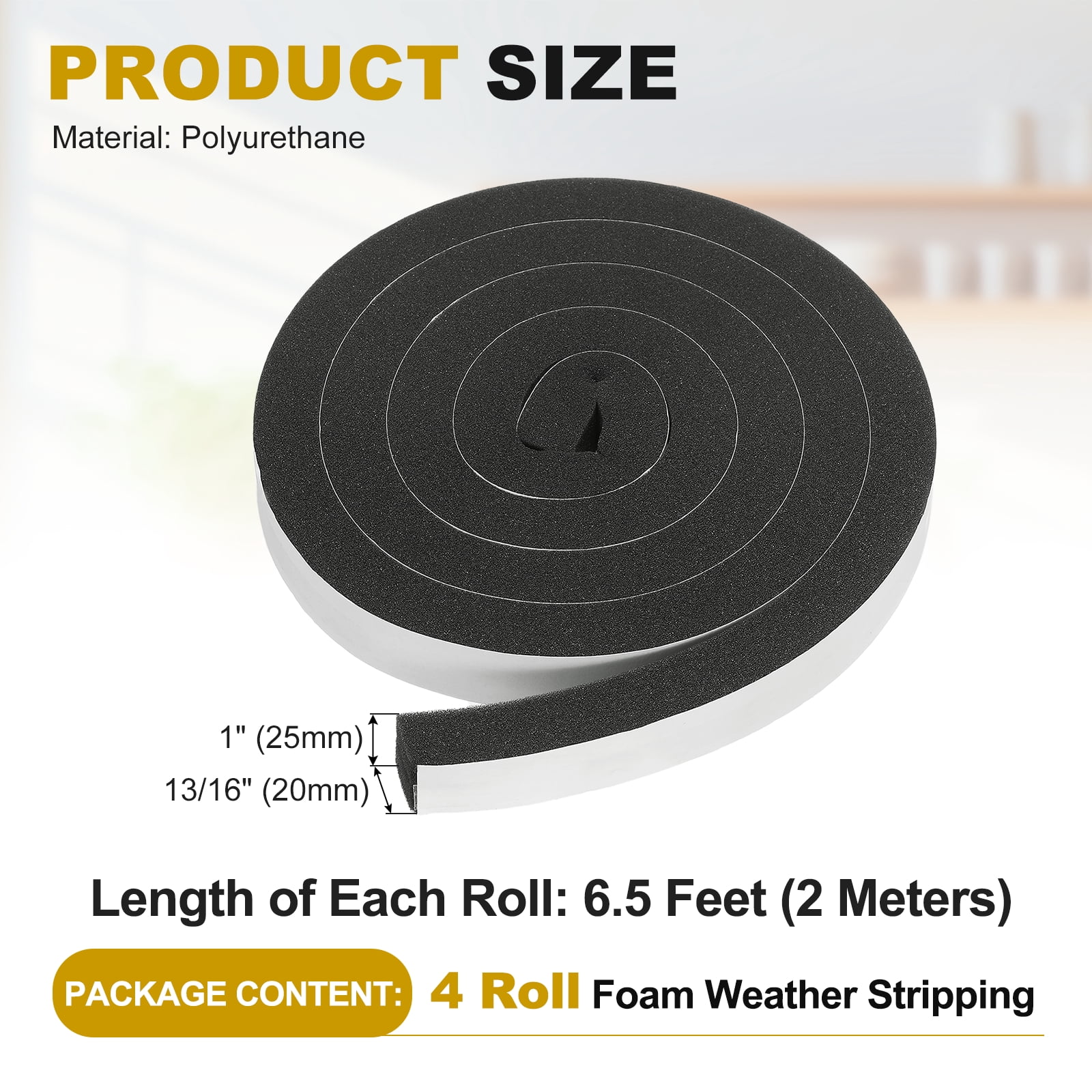 Weather Stripping Door Seal, 4 Rolls 1" x 13/16" Adhesive Foam Tape Seal Soundproof Insulation Strips for Door Frame Window Gaps (26 Feet Total, 6.5 Feet/Roll)
