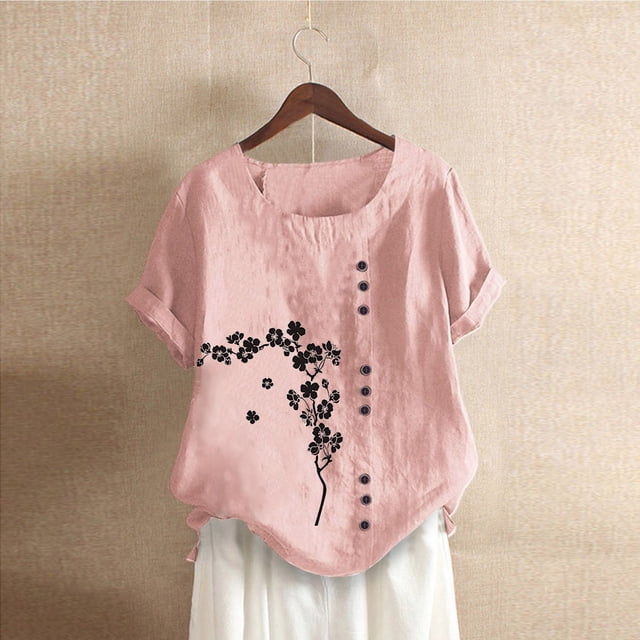 Fiudx Ropa de Mujer Camiseta de Verano con Cuello Redondo y Manga Corta para Mujer, Informal, con Botones Impresos
