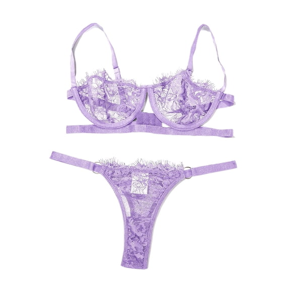 Levmjia Women Lace Lingerie Set Push Up Bra Thong Solid Color Comfortable Sheer Daily Wear Deep V Adjustable Straps Sleeping Daily Wear