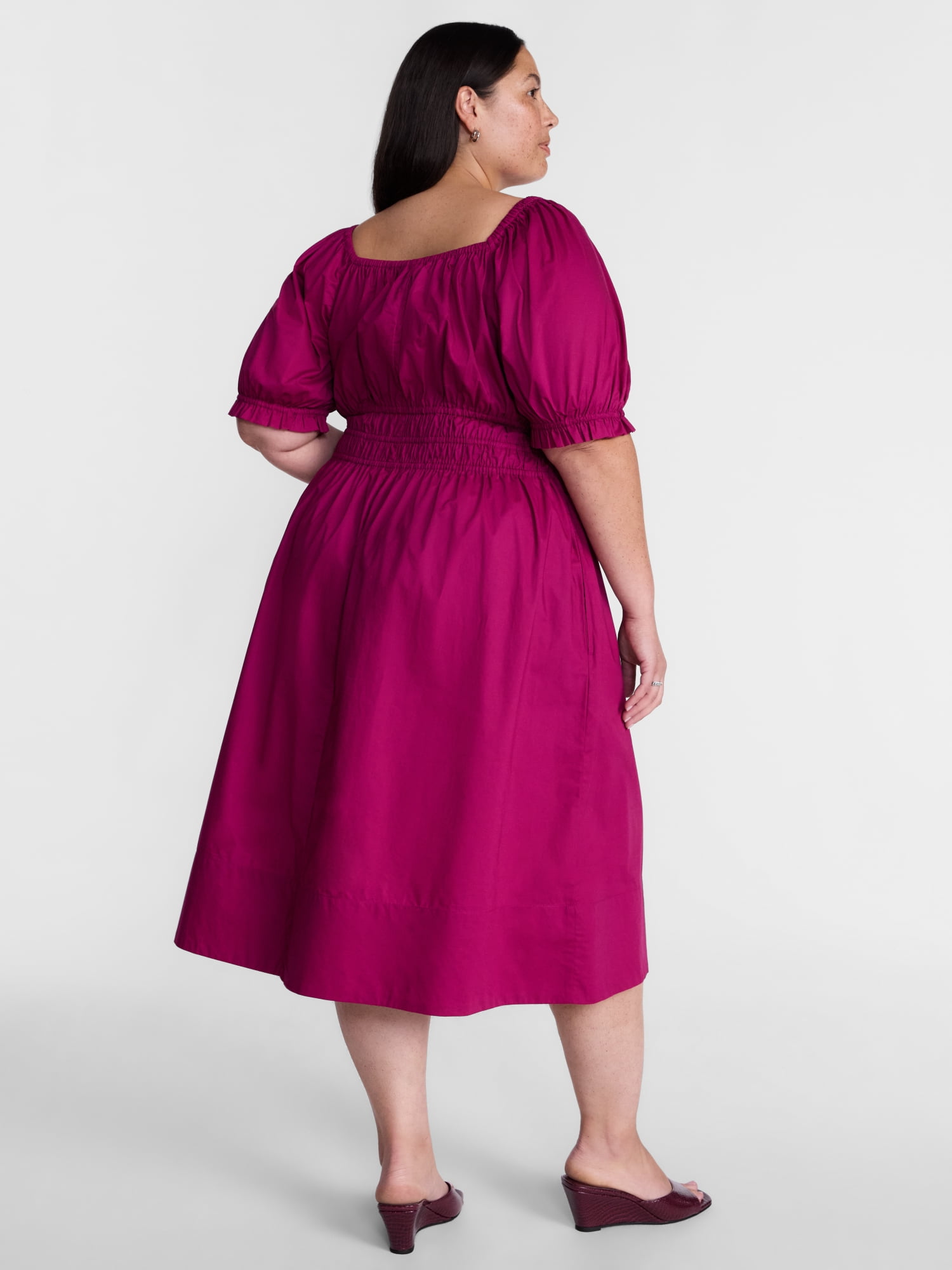 Terra & Sky Women's Plus Smocked Cotton Midi Dress with Short Puff Sleeves, Sizes- 0X-5X