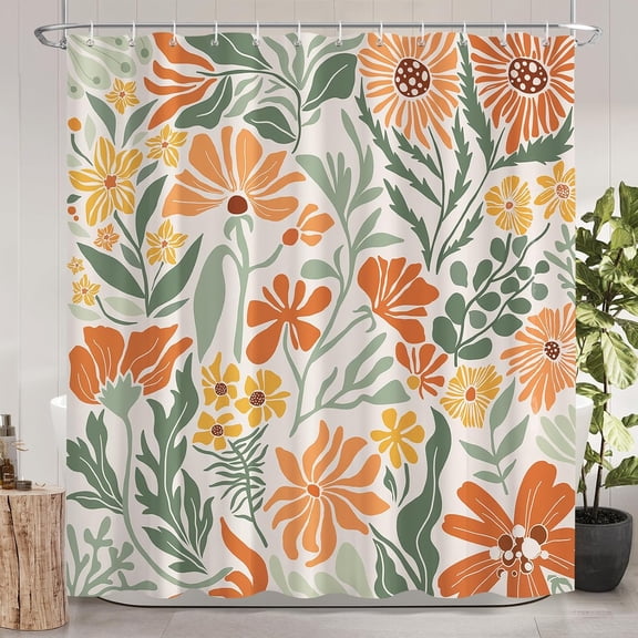 Boho Abstract Shower Curtain Set, Orange Green Floral Bathroom Shower Curtains with Hooks-36"W x 72"L (Pack of 1)