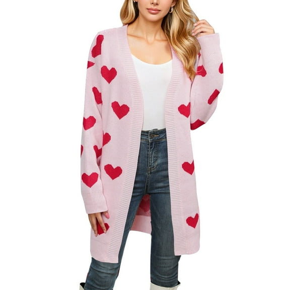Drvitor Valentines Cardigans for Women Heart Printed Open Front Cardigans Casual Loose Mid-Length Cardigan Sweaters