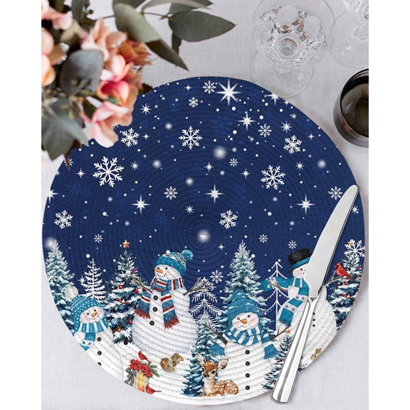 13 Inch Round Placemats Set of 6, Navy Blue Christmas Non Slip Heat Insulation PP Table Mats, Snowman Xmas Tree Snowflake Winter Washable Place Mats for Kitchen Dining Party Table Decor