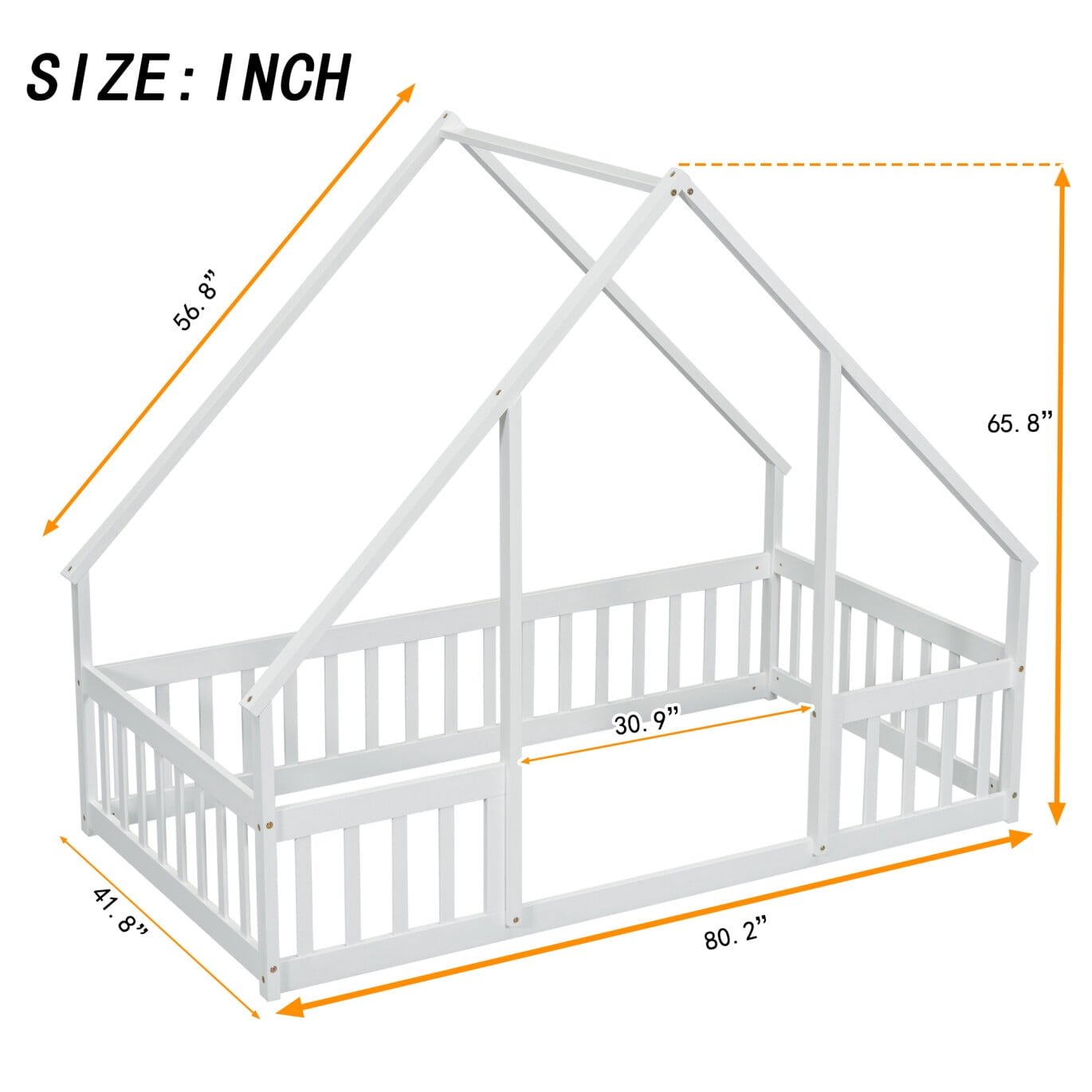 Twin Size Floor Bed, Wooden House-Shaped Bed Frame with Guardrails, Roof, Multifunctional House Bed Frame for Toddlers, Kids, Girls, Boys, Teens, Adults, White
