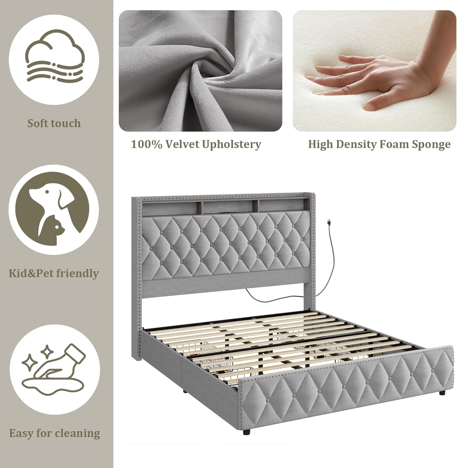 Queen Size Bed Frame with 4 Storage Drawers&LED Lights Platform Velvet Upholstered Bed Frame with Charging Station and Storage Headboard, No Box Spring Needed, Easy Assembly