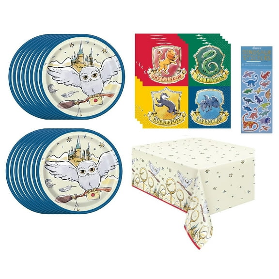 Harry Potter Birthday Party Supplies Bundle Pack includes 16 Dessert Cake Plates, 16 Napkins 6.5", 1 Table Cover, 1 Dinosaur Sticker Sheet - Serves 16