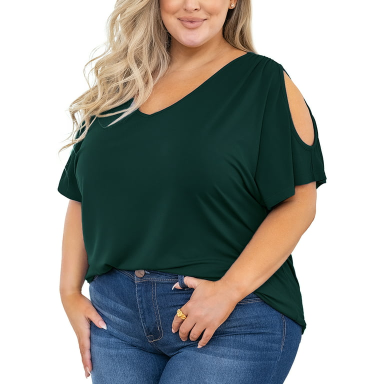 SHOWMALL Plus Size Tunic for Women Cold Shoulder Top Dark Green 2X Blouse  Short Sleeve Clothing V Neck Shirts Summer Clothes 