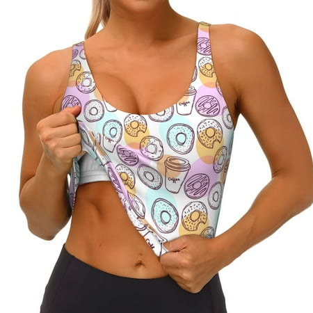 Qokaie Donuts and Coffee Pattern Womens Scoop Neck Sports Bra Breathable Workout Vest Padded U Back Medium Impact Fitness Gym Yoga Bra Workout Crop Top