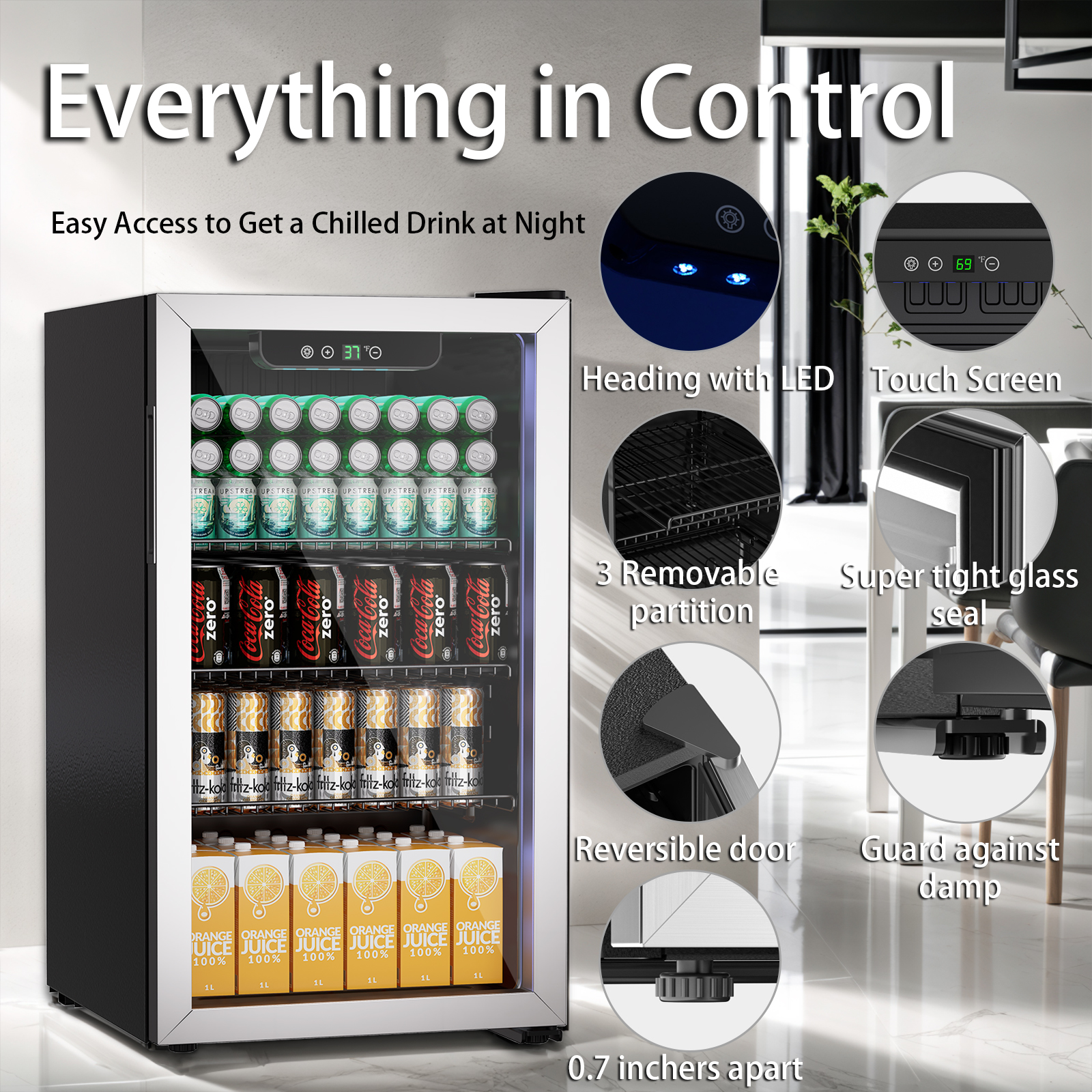 Compact Beverage Refrigerator, 108 Can/3.0 Cubic Feet Fridge with Glass Front Door for Soda, Beer or Wine, Under Counter Drink Dispenser