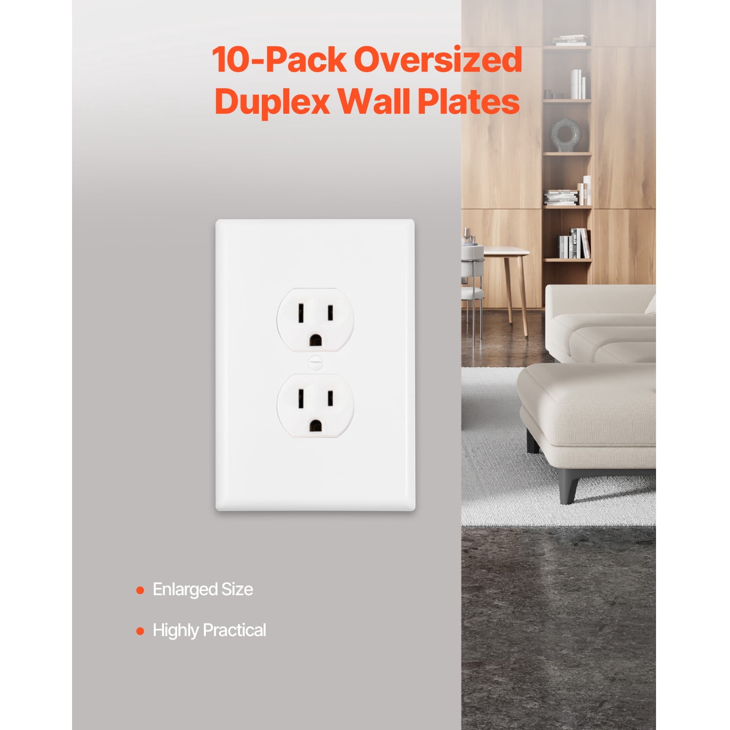 KFFKFF 1-Gang Duplex Outlet Covers, Pack of 10 Standard Wall Plates, Durable Polycarbonate Thermoplastic, Dual Receptacle Faceplate for Electrical Outlets, White