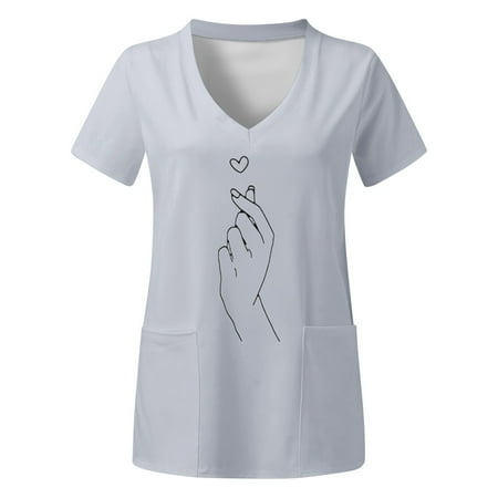 

TAIAOJING Women Scrubs Tops Uniform Plus Size Top V Neck Short Sleeved Pockets Prints T Shirt