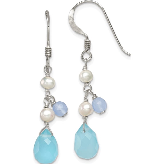 Sterling Silver Blue Topaz/Blue Agate/Fw Cultured Pearl Earrings (39 X 7) Made In Thailand qe2559