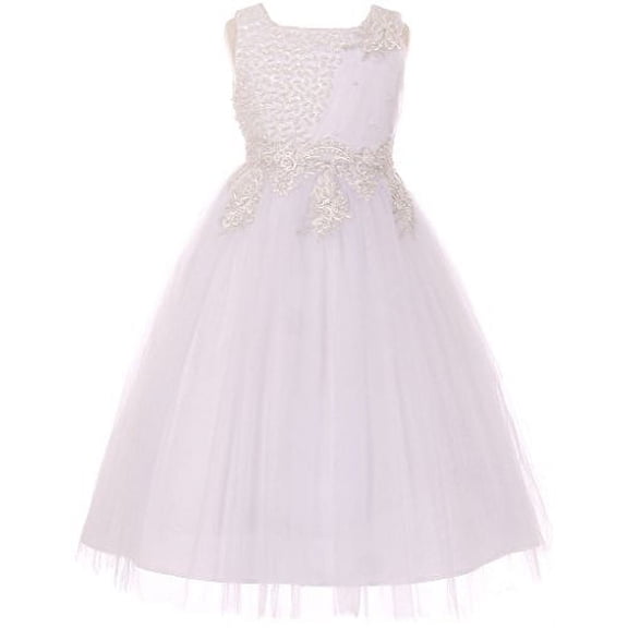 Flower Girl Dress Pearls Coilded Bodice Tulle Satin Skirt for Little Girl White 12 CC.5009
