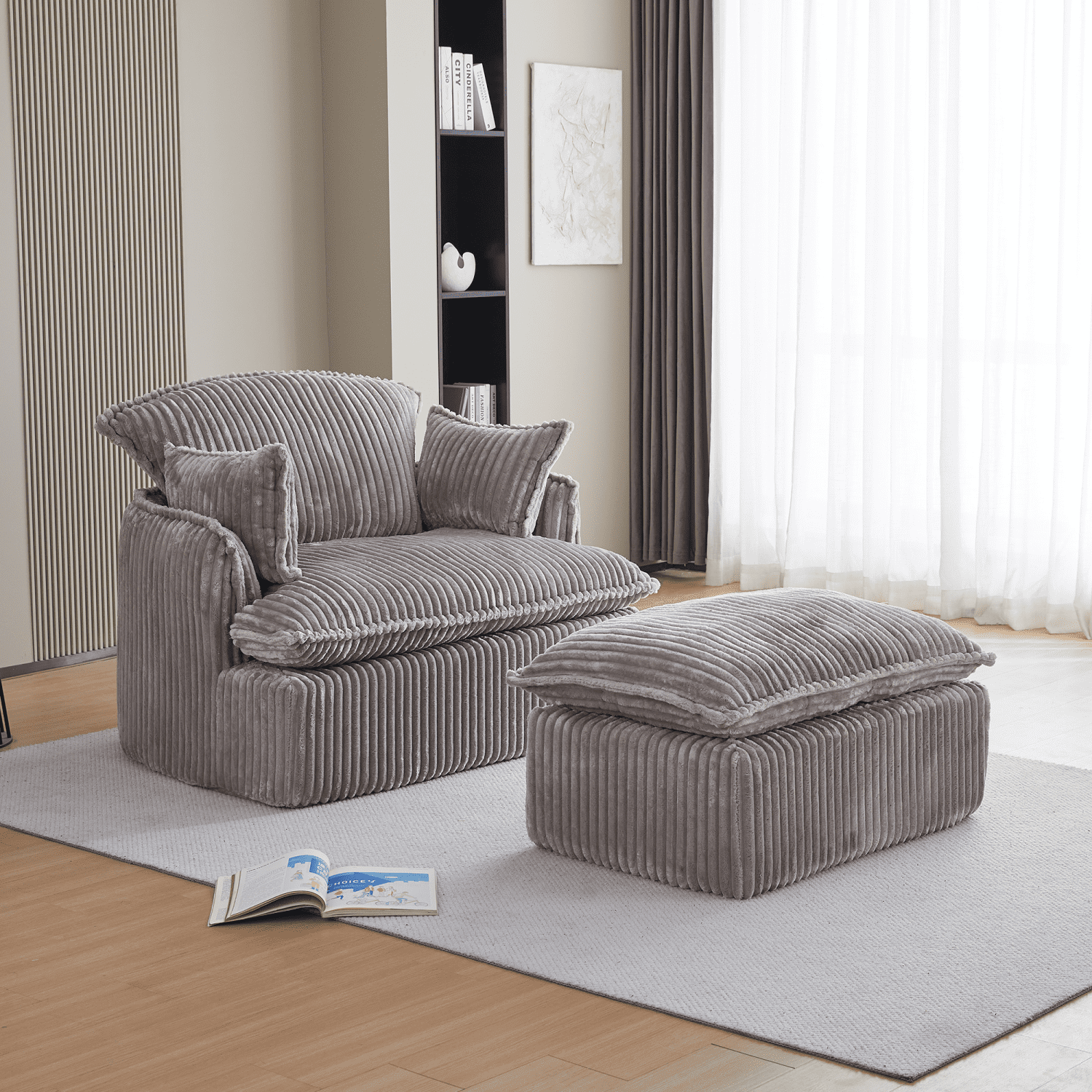 Gewnee Convertible Corduroy Armchair with Ottoman - Modern Compressed, Ideal for Small Spaces & Living Rooms