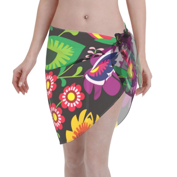 Disketp Traditional Floral Polish Women Swimsuit Cover Up Short Chiffon Summer Beach Sarong Bikini Wrap Skirt Bathing Suit
