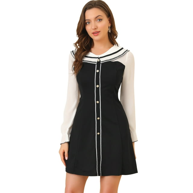 Unique Bargains Robe en Mousseline de Soie à Manches Longues avec Col en Forme de Poupée pour Femme