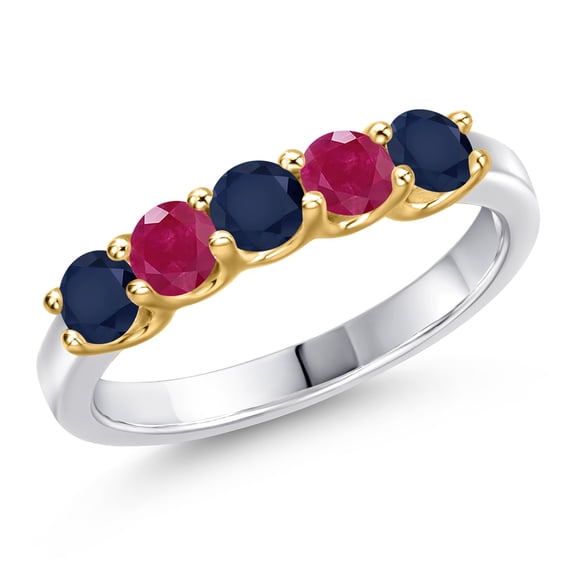 Gem Stone King 10K Two Tone Gold Blue Sapphire and Red Ruby Wedding-Bands Ring for Women | 1.16 Cttw | Round 3.5MM | Gemstone September Birthstone | Size 7