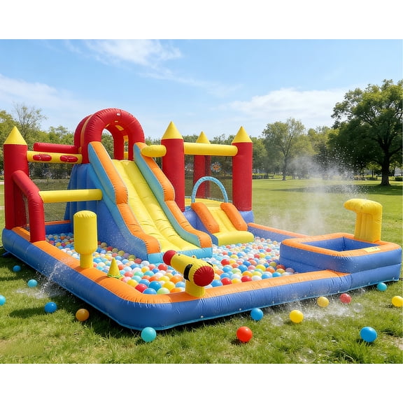 Funride 13 in 1 Inflatable Bounce House, 185" × 157" × 83" XXL Inflatable Water Slide, 196in power cord, Fishing Game, Double Water Slides, Basketball Hoop, Climbing Wall, Indoor&Outdoor