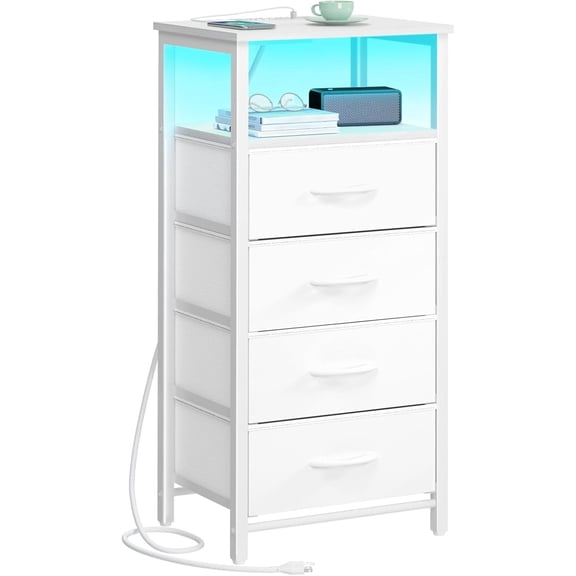 LED white nightstand with charging station, nightstand with 4 storage drawers and storage shelf