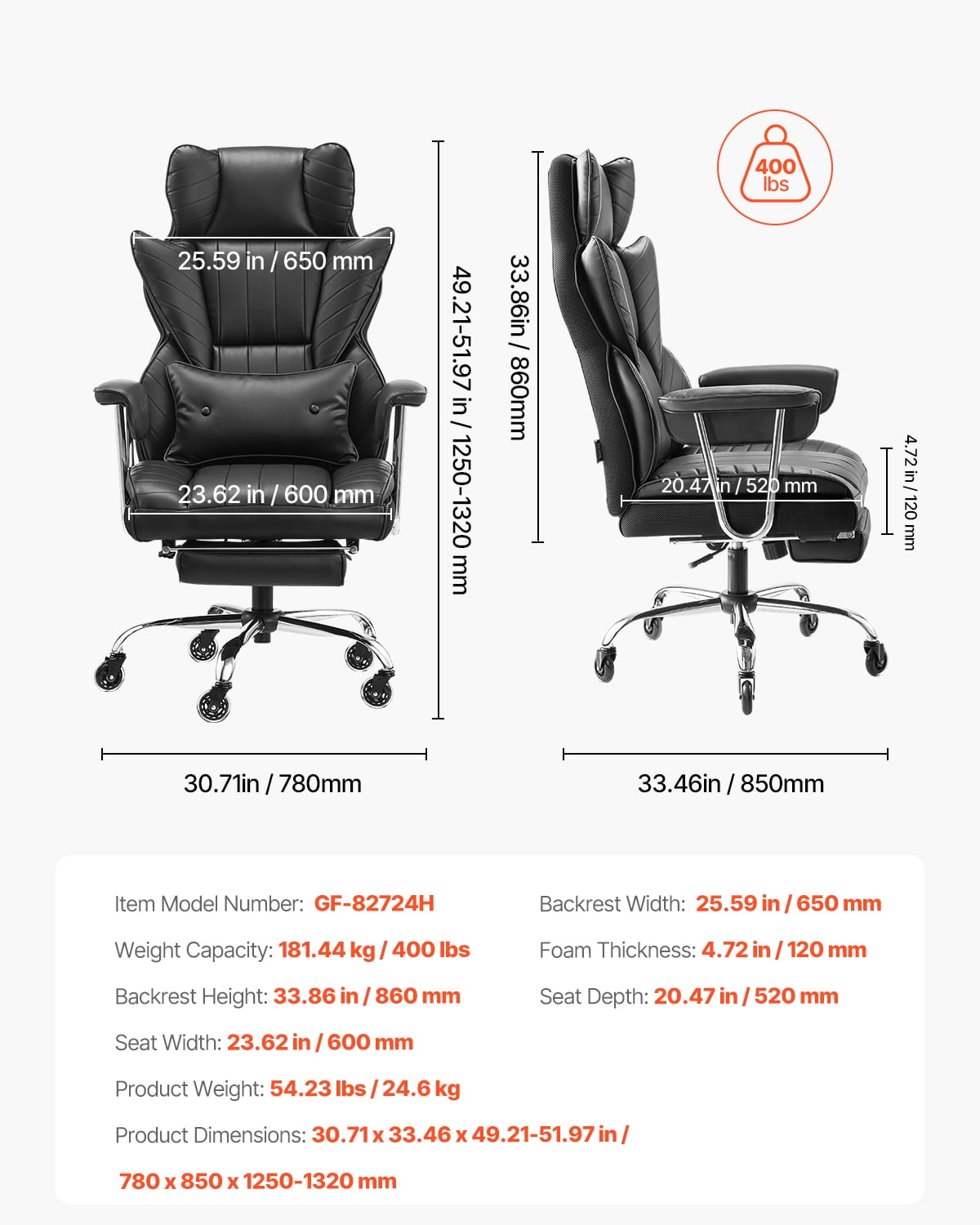VEVOR Executive Office Chair with Footrest, 400lb Capacity Office Chair with Lumbar Pillow & Removable Armrests, Heavy Duty Ergonomic Chair, PU Leather Reclining Home Office Desk Chairs, Black