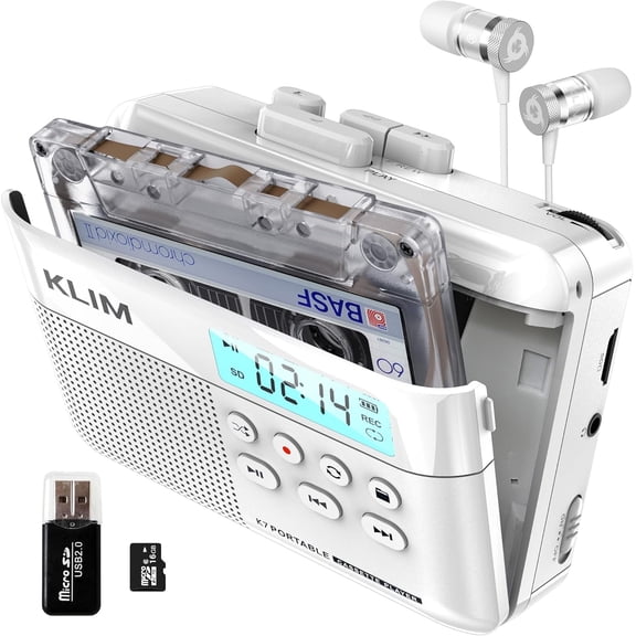 KLIM K7 Portable Cassette Tape Player & MP3 Converter - Built-in Microphone & Speaker - Rechargeable, Earphones & 16GB SD Included - White