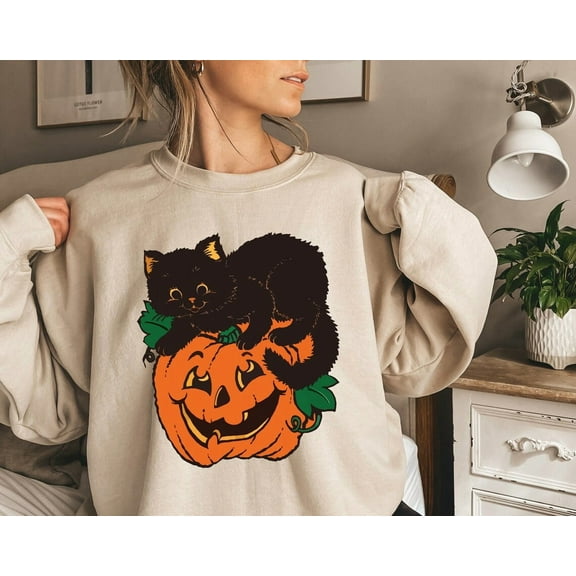 Black Cat Pumpkin Sweatshirt, Halloween Sweat, Black Cat Halloween Shirt