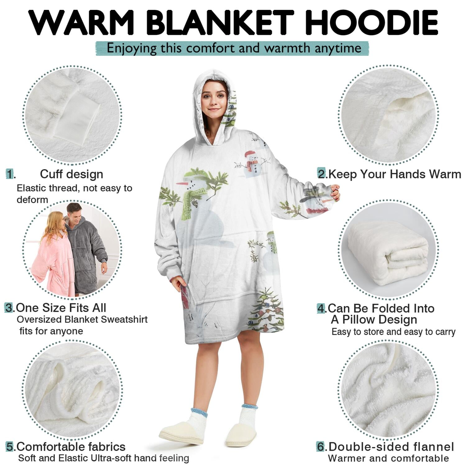 Wearable Oversized Blanket,White Christmas Snowman Pattern Wearable Blanket Hoodie for Adults,Cozy Hooded Blankets with Super Pockets,Super Warm Fuzzy Pullover for Women & Men