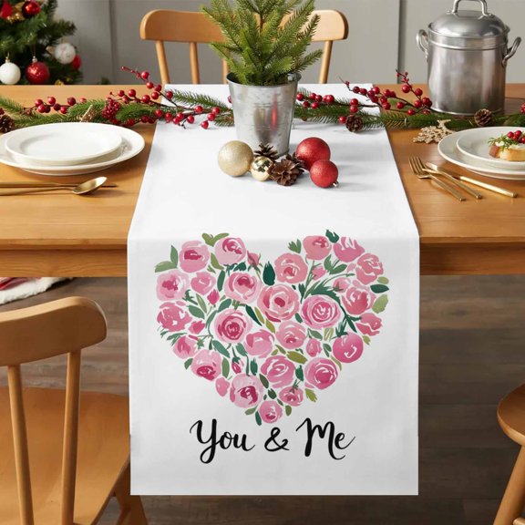 Table Runner 72 Inches Long - You and Me Words Decorative Table Scarf, Valentine's Day Roses Flowers Love Dining Table Runners for Wedding Party Kitchen Dining Tables