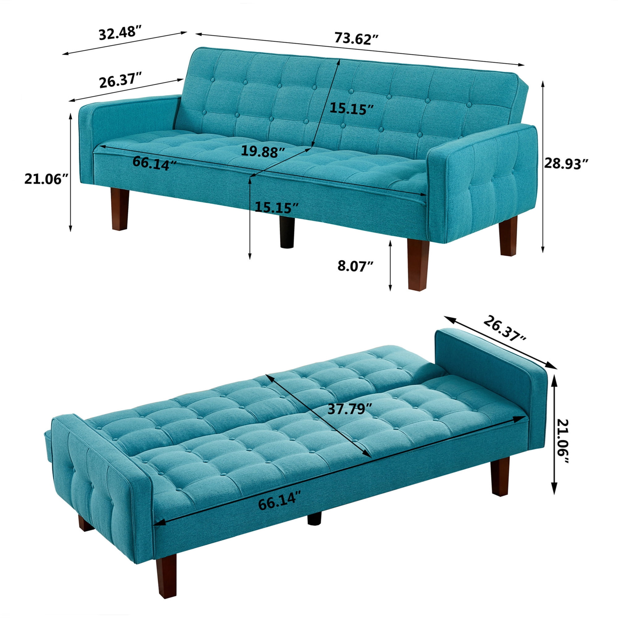 Aukfa 74" Tufted Futon Convertible Sofa Bed, Upholstered Arm Couch for Home Office, Blue