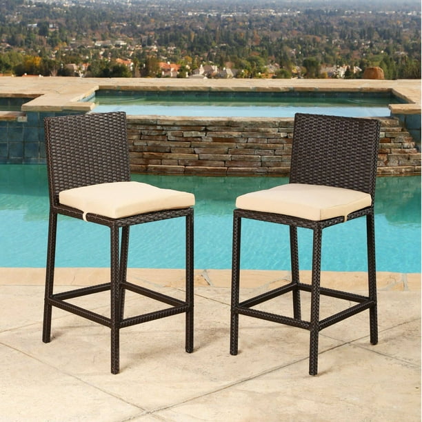 Abbyson Kiley Wicker Outdoor Bar Stools with Cushions - Set of 2