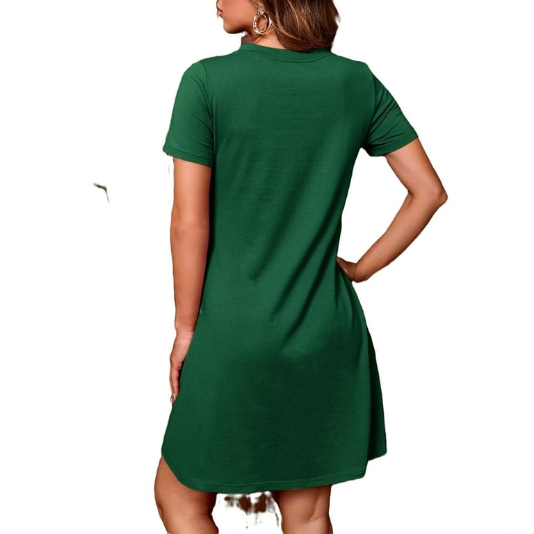 Casual Solid Round Neck Tee Dress Short Sleeve Dark Green Women s Dresses