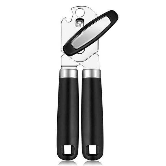 Stainless Steel Manual Can Opener, Soft Touch Handle, Built-In Bottle Opener, Black