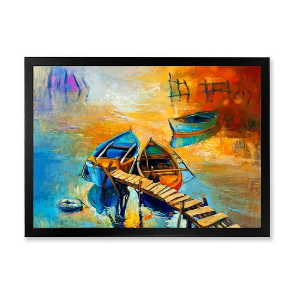 Boat At The Lake During Evening Glow V 40 in x 30 in Framed Painting Canvas Art Print, by Designart