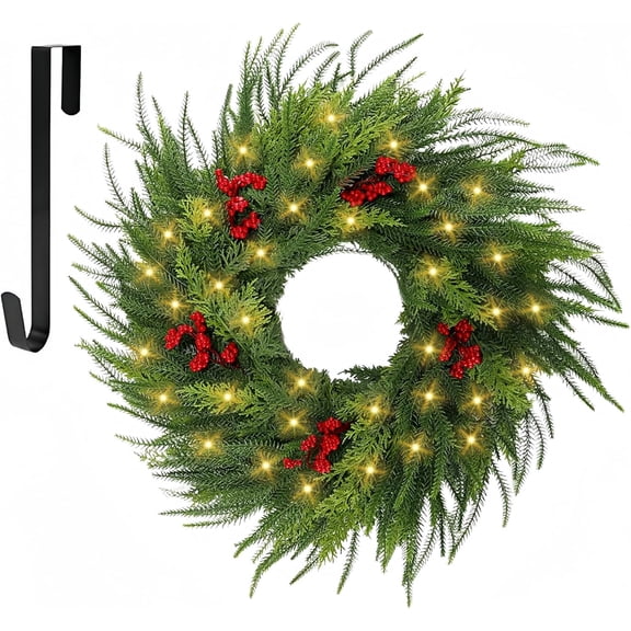 22" Christmas Wreaths, with Led Lights & Red Berries, Wreath Hanging for Wall Farmhouse Window Front Door Xmas Decor