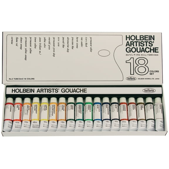 Holbein Artists' Gouache - Set of 18, Assorted Colors, 5 ml Tubes