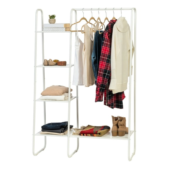 IRIS USA Clothes Rack with 4 Metal Shelves, Freestanding for Hanging Clothes, Easy to Assemble, Standing Metal Sturdy Garment and Accessories Rack, Small Space Storage Solution, White