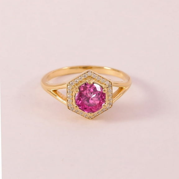 Hexagon Pink Sapphire and Halo Diamond Anniversary Ring, 925 Starling Silver Ring, Prong Set Genuine Diamond Handmade Gemstone Ring,