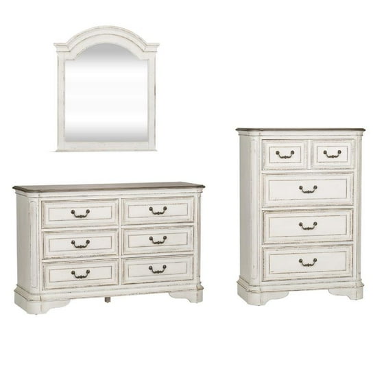 3 Piece Rustic Farmhouse Set With Mirrored Dresser And Chest