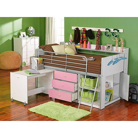Charleston Storage Loft Bed With Desk, White and Pink