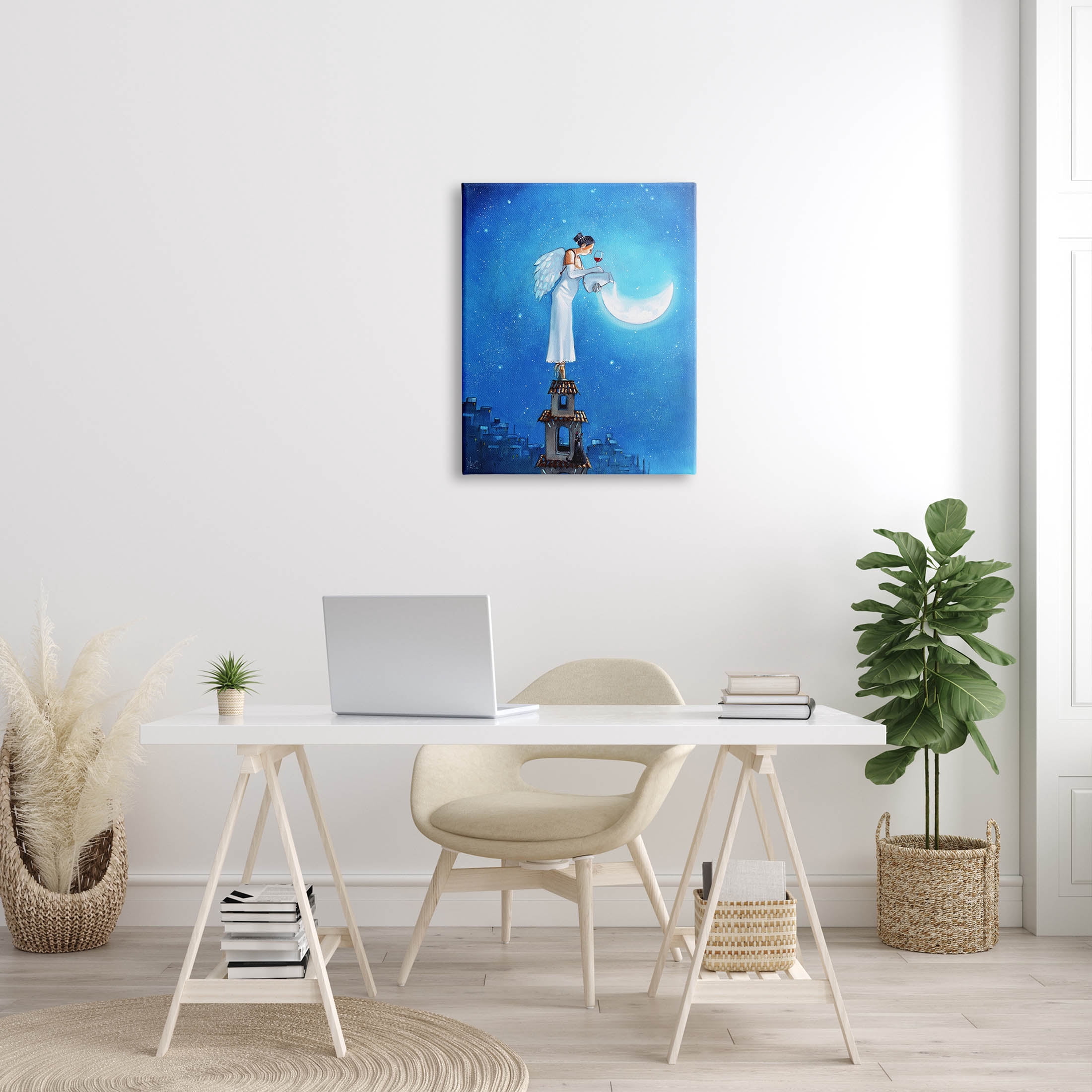 Angel Pouring Moon Cityscape Landscape Painting Gallery Wrapped Canvas Print Wall Art