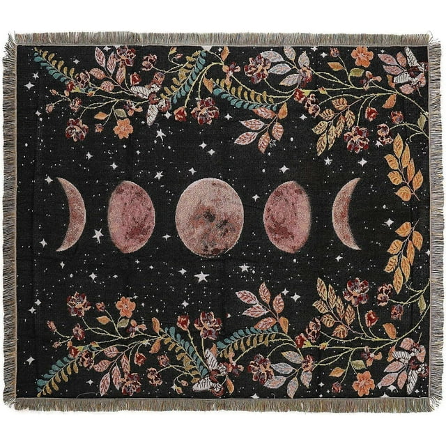 Manta bohemia reversible de algodón, estilo hippie, para decoración de habitación, de doble cara (Eclipse lunar negro, 127 x 152 cm)