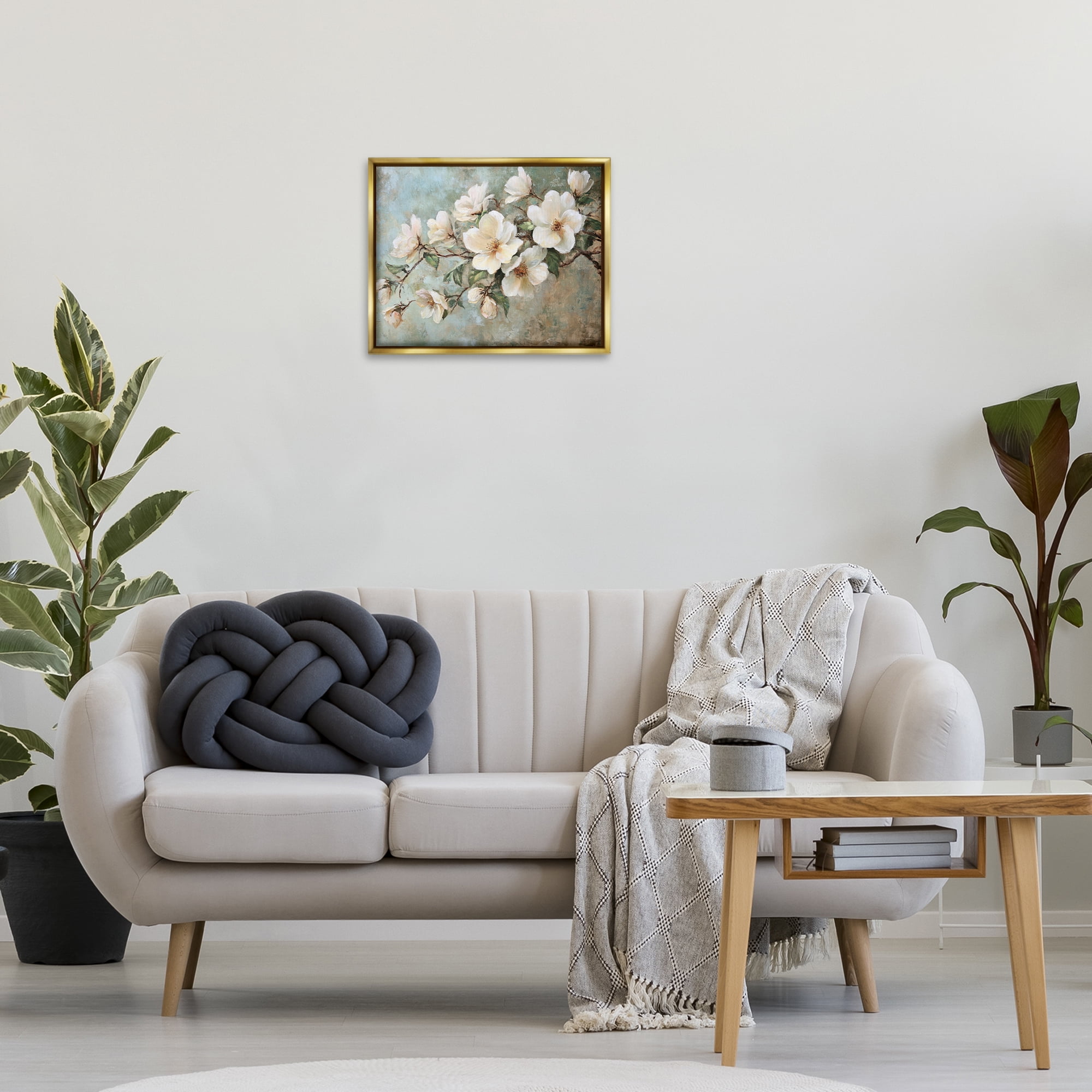 Stupell Industries In Bloom Flower Branch Plants & Flowers Painting Gold Floater Framed Canvas Art Print Wall Art, 21 x 17